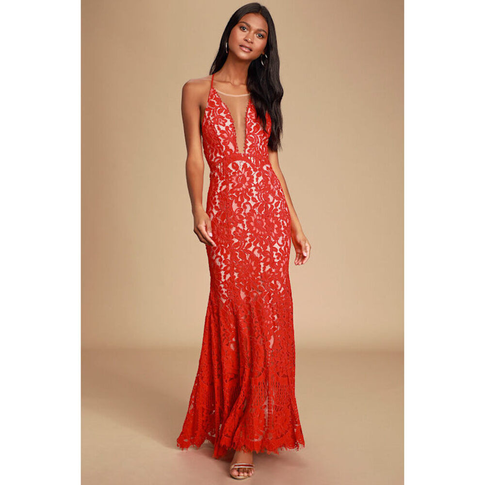 Lulus Practically Perfect Red And Nude Lace Mermaid Maxi Dress - Size S
